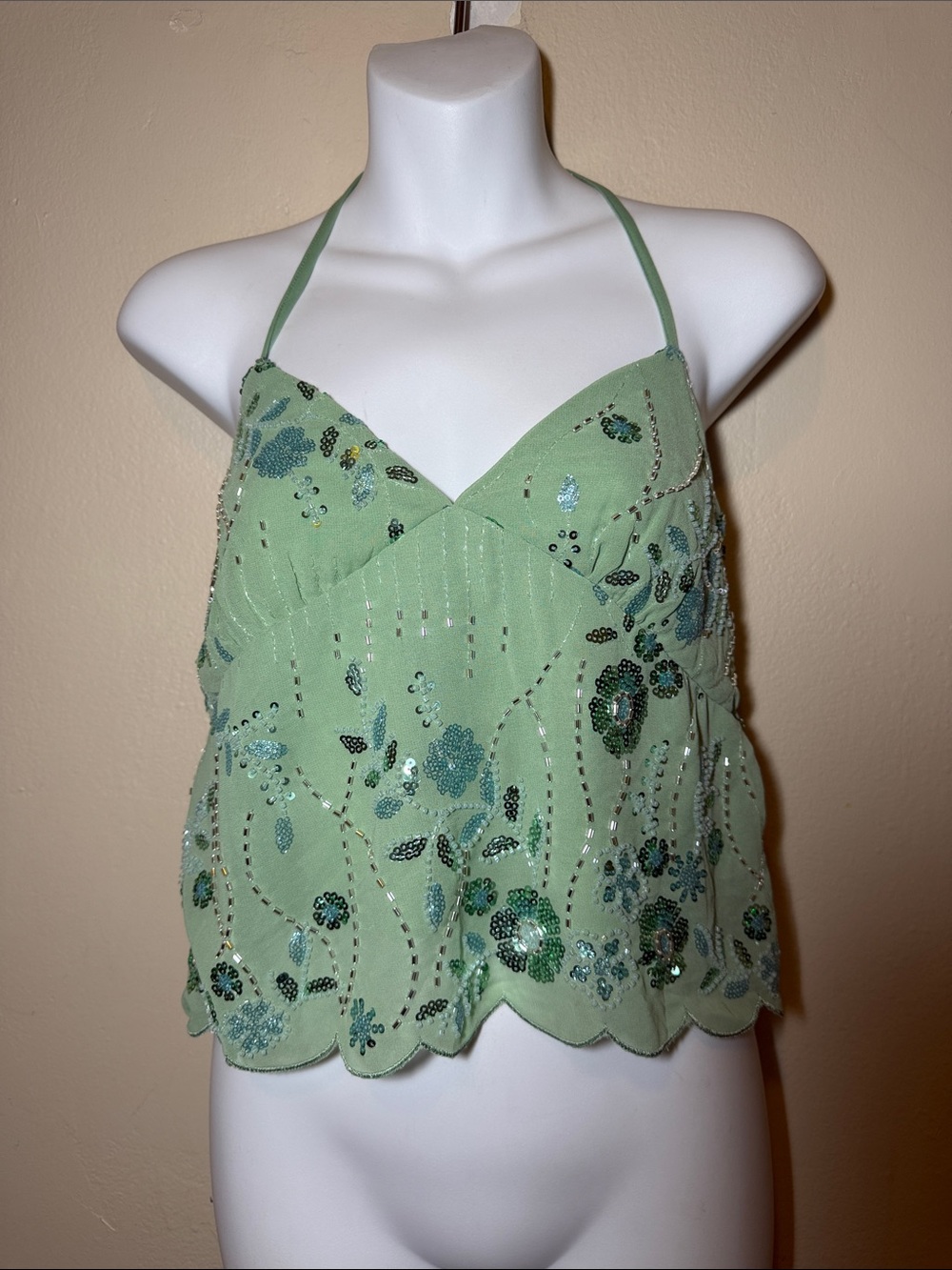 Sequin Floral Halter Cami Top - Light Green